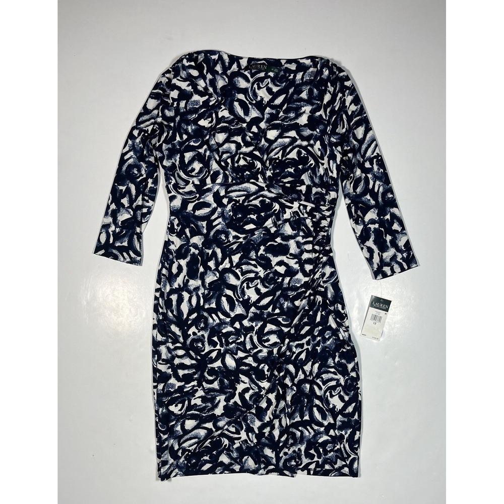 Lauren Ralph Lauren Faux Wrap Dress Womens 12 Blue Floral Ruched Stretch Midi
